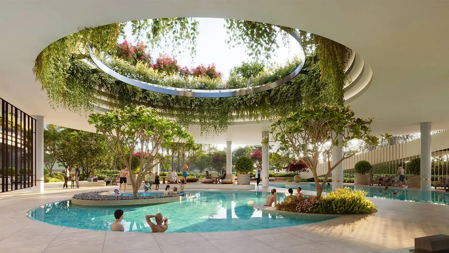 Modern pool area with lush greenery, people relaxing, and a circular skylight overhead.