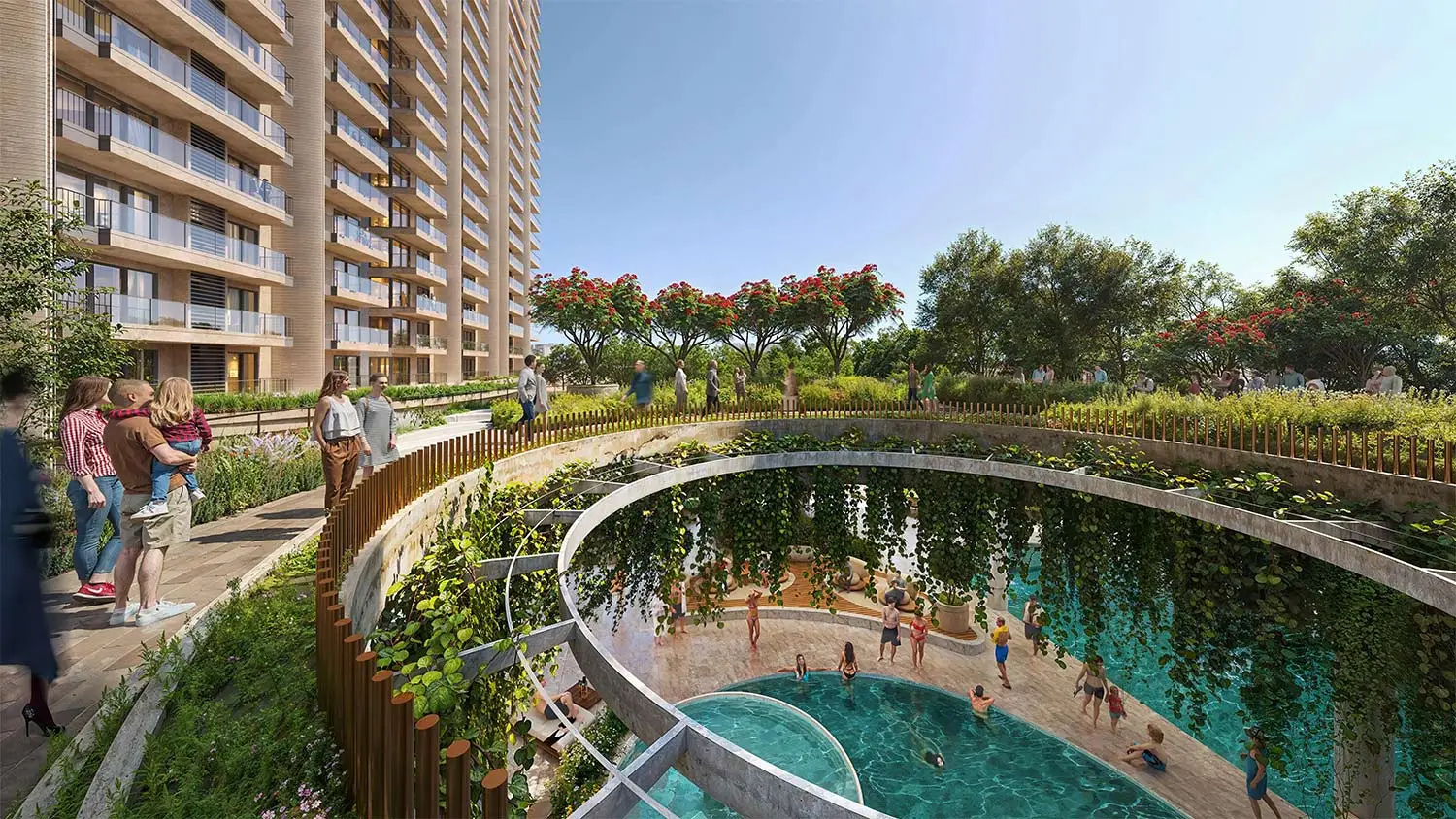 Modern residential building with a circular pool surrounded by greenery and people enjoying the space.