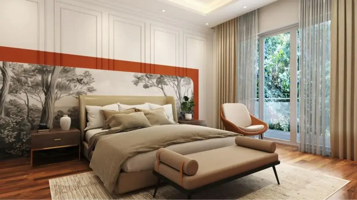 Cozy bedroom with a large bed, decorative wall mural, and balcony access.