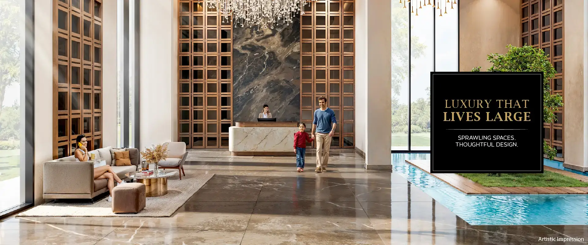 Spacious lobby with modern furniture, a reception desk, and a family walking towards the entrance.
