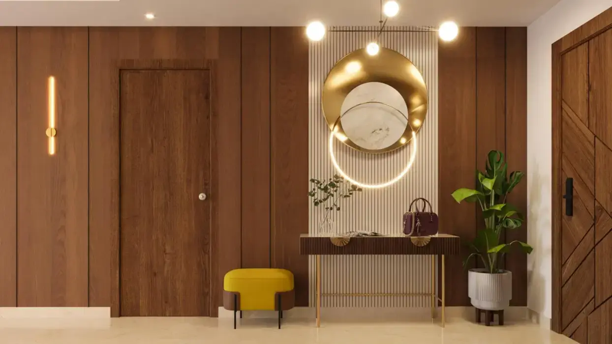 Modern entrance hall featuring wooden paneling, a round mirror, decorative plants, and stylish furniture.