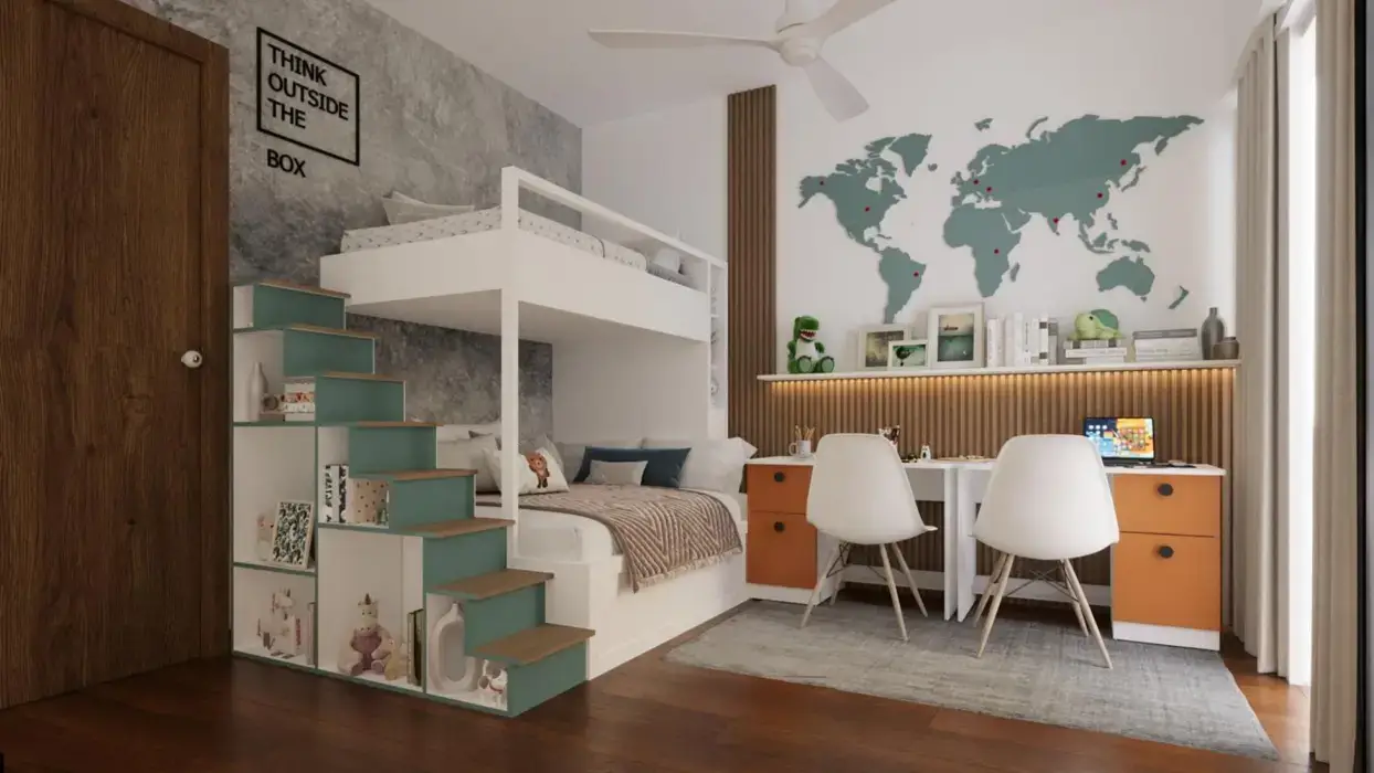 A modern kids room with a bunk bed, study area, world map wall art, and decorative stairs.