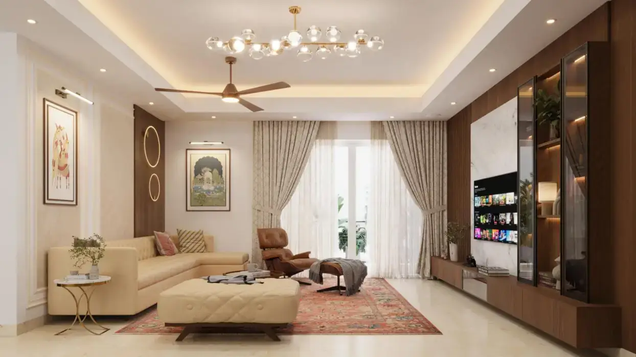 Spacious living room with beige sofa, wooden furniture, and large windows with curtains.