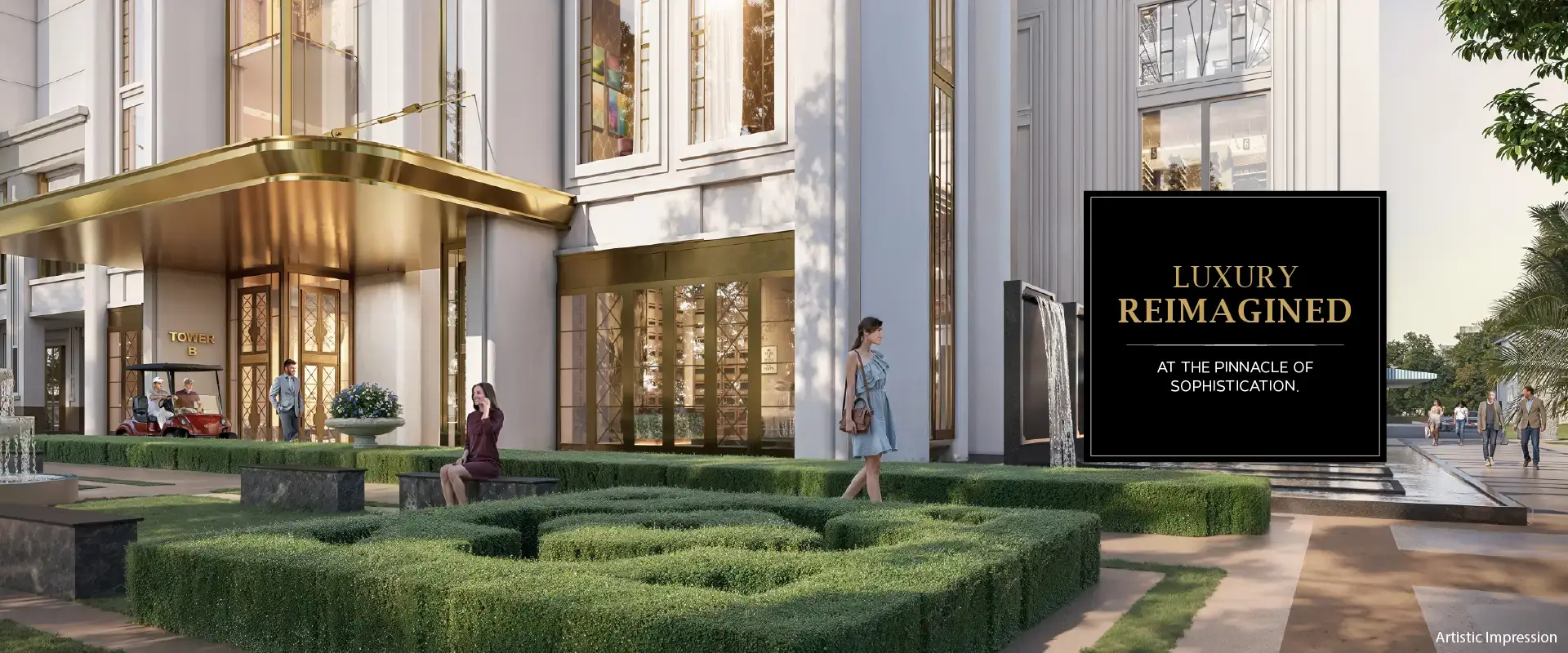 Elegant building entrance with golden awning, manicured hedges, and people walking.