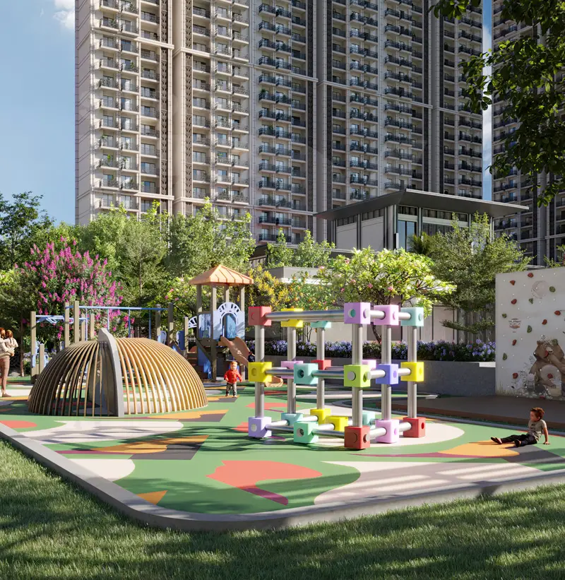 Colorful playground with climbing structures, slides, and children playing in a landscaped area.