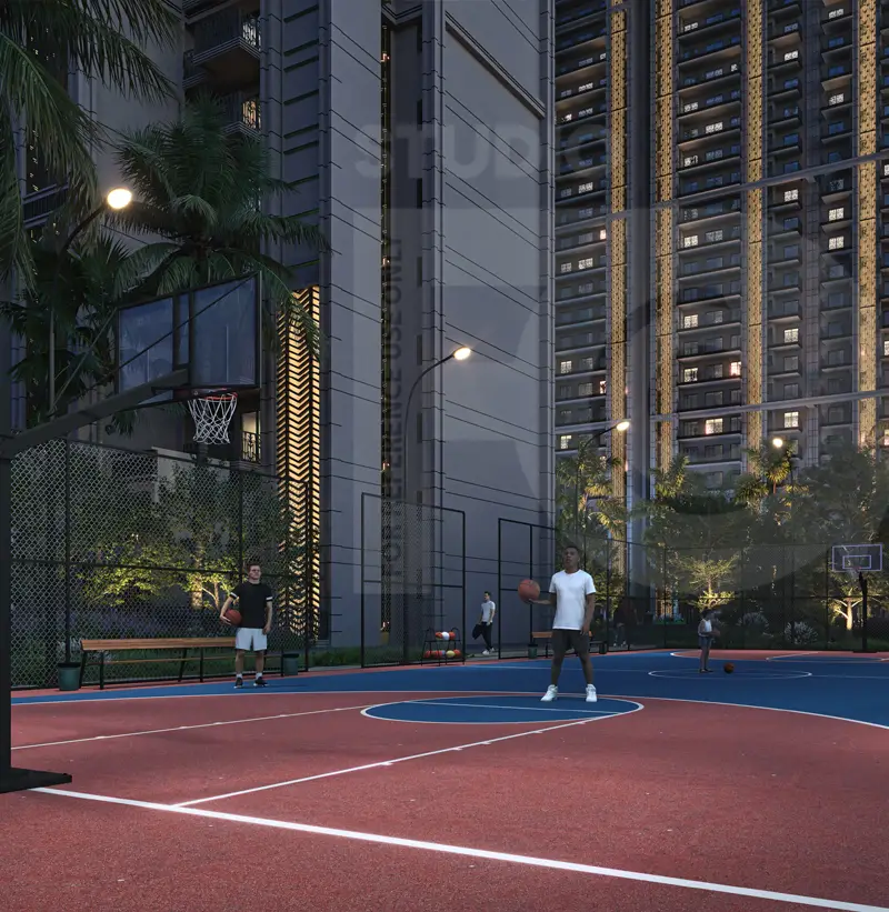 Two players on a brightly colored basketball court with a building and palm trees in the background.