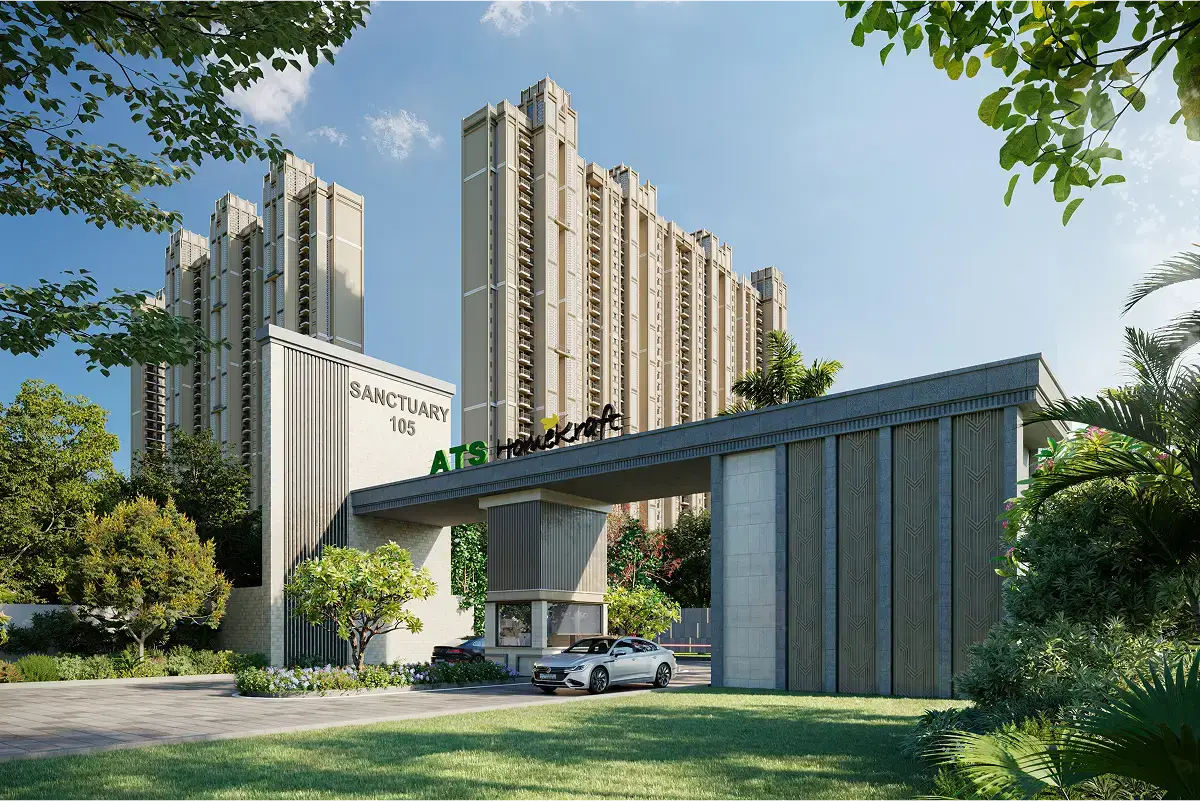 Modern entrance of ATS Sanctuary 105 with tall buildings and greenery surrounding the area.