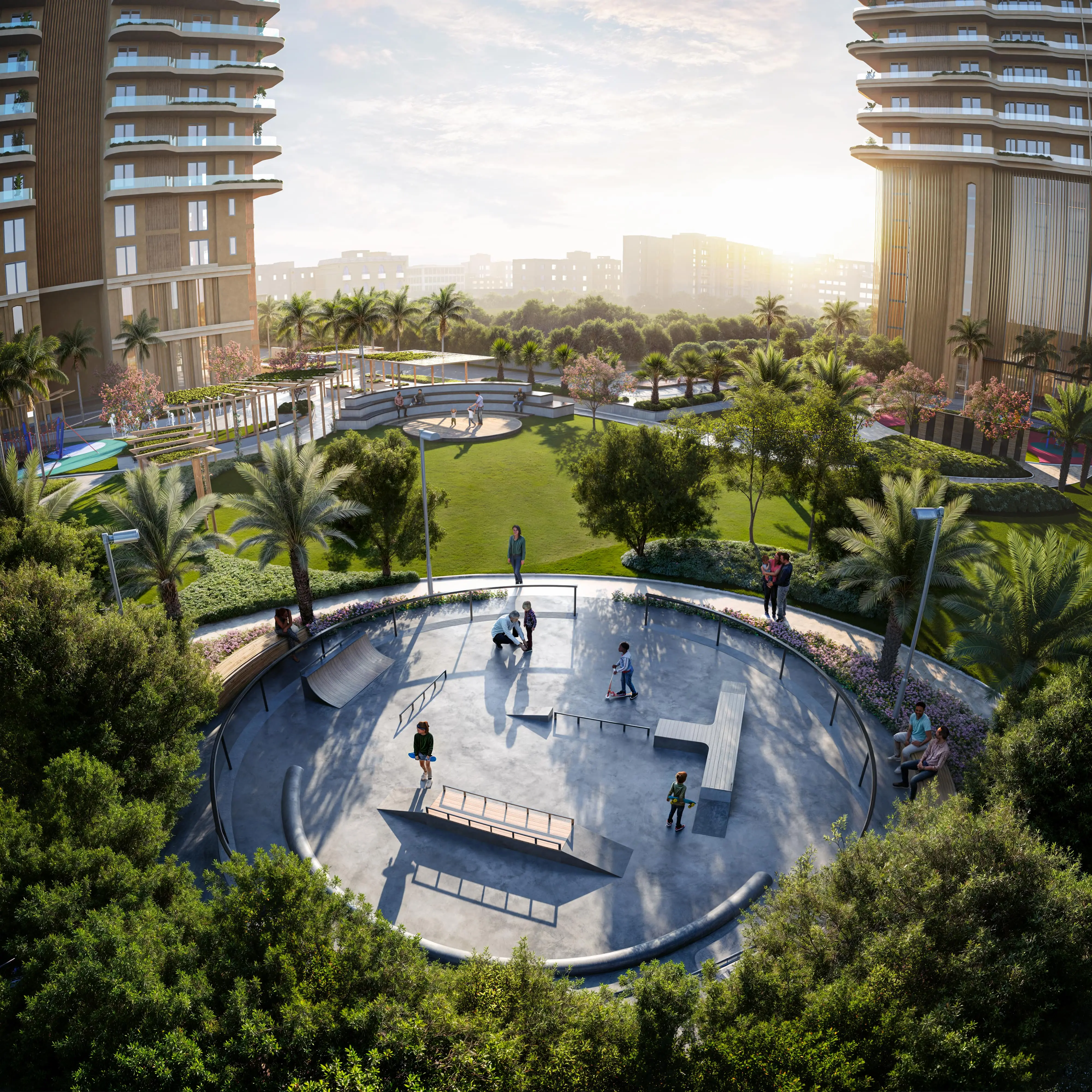 A skate park surrounded by greenery, with people skating and relaxing in a modern urban setting.
