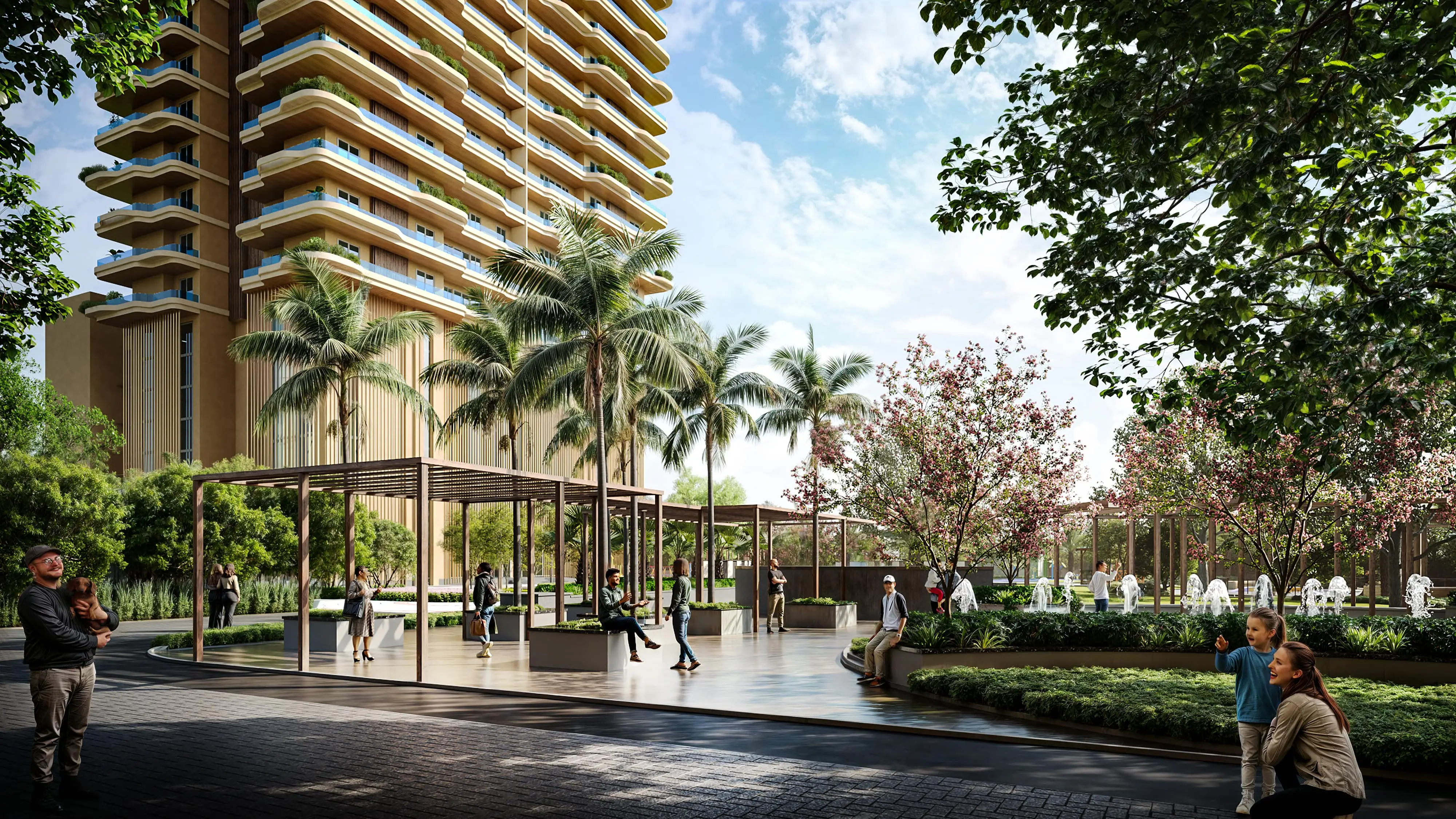 Modern residential building with balconies, palm trees, and landscaped garden area with people.
