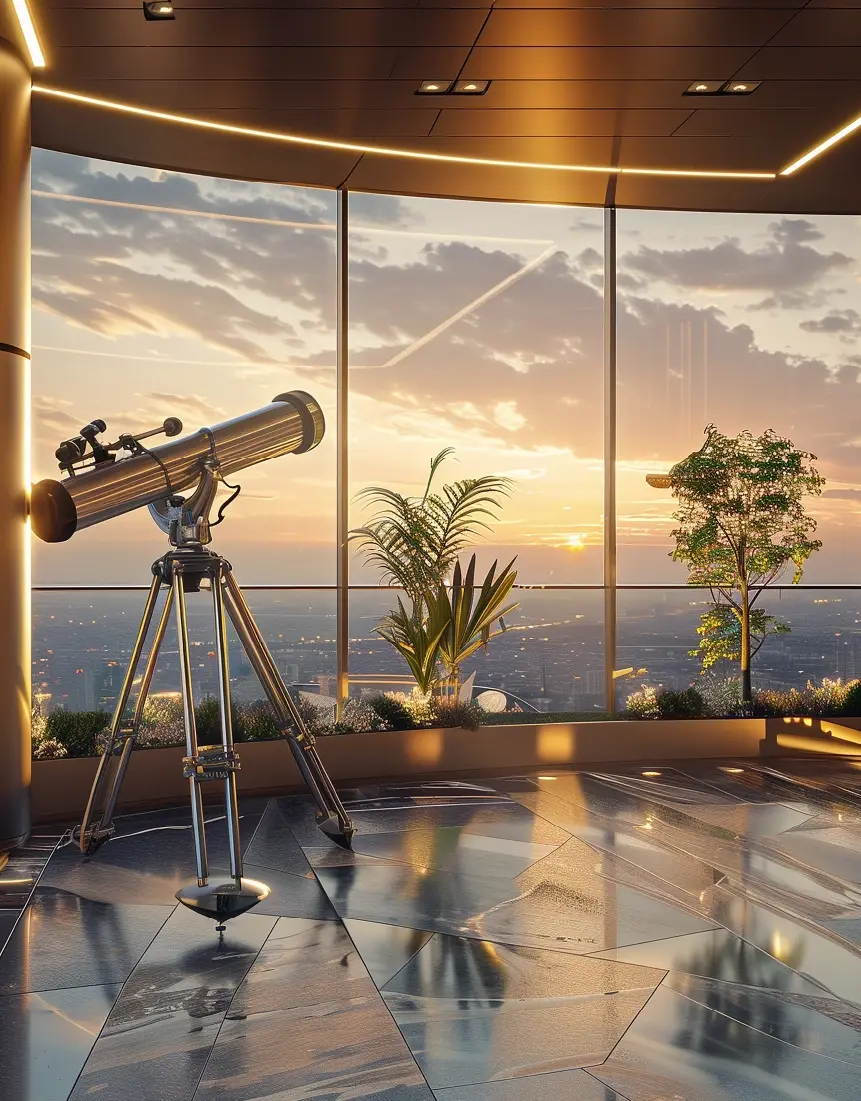 A telescope on a sleek floor, with plants and a sunset view through large windows.