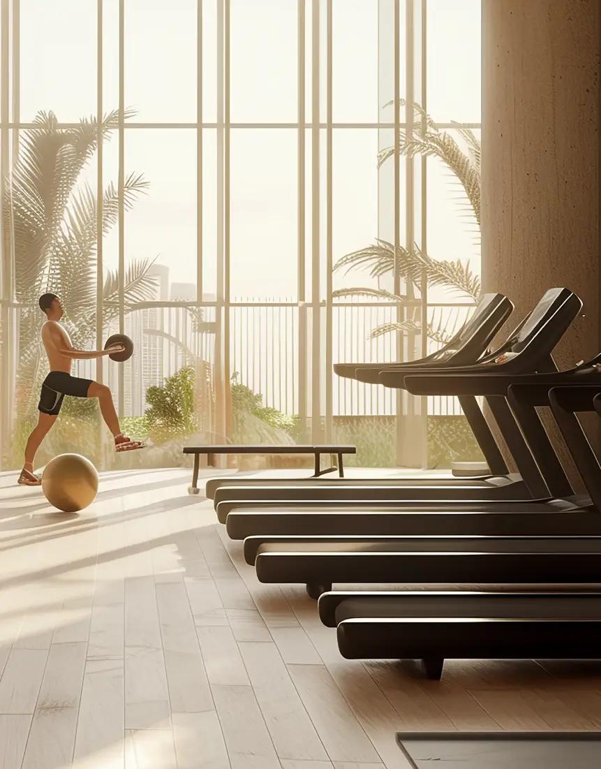 A fitness area with a person exercising, treadmills, weights, and large windows with greenery.