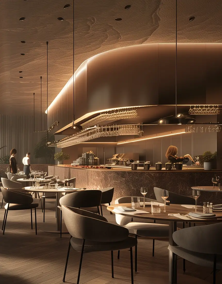 Elegant restaurant interior with curved bar, stylish chairs, and dim lighting creating a cozy atmosphere.