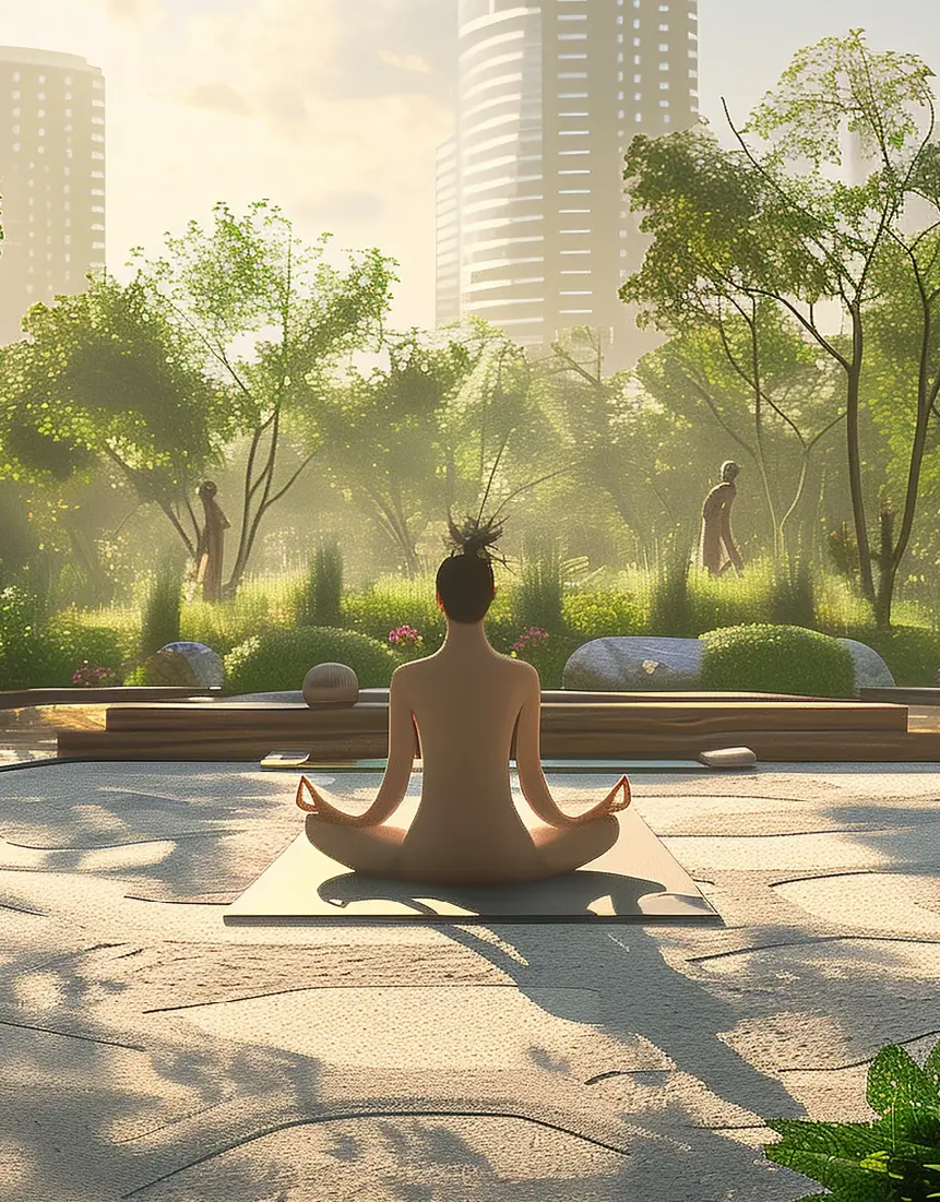 A person meditating on a mat surrounded by greenery and modern buildings in the background.