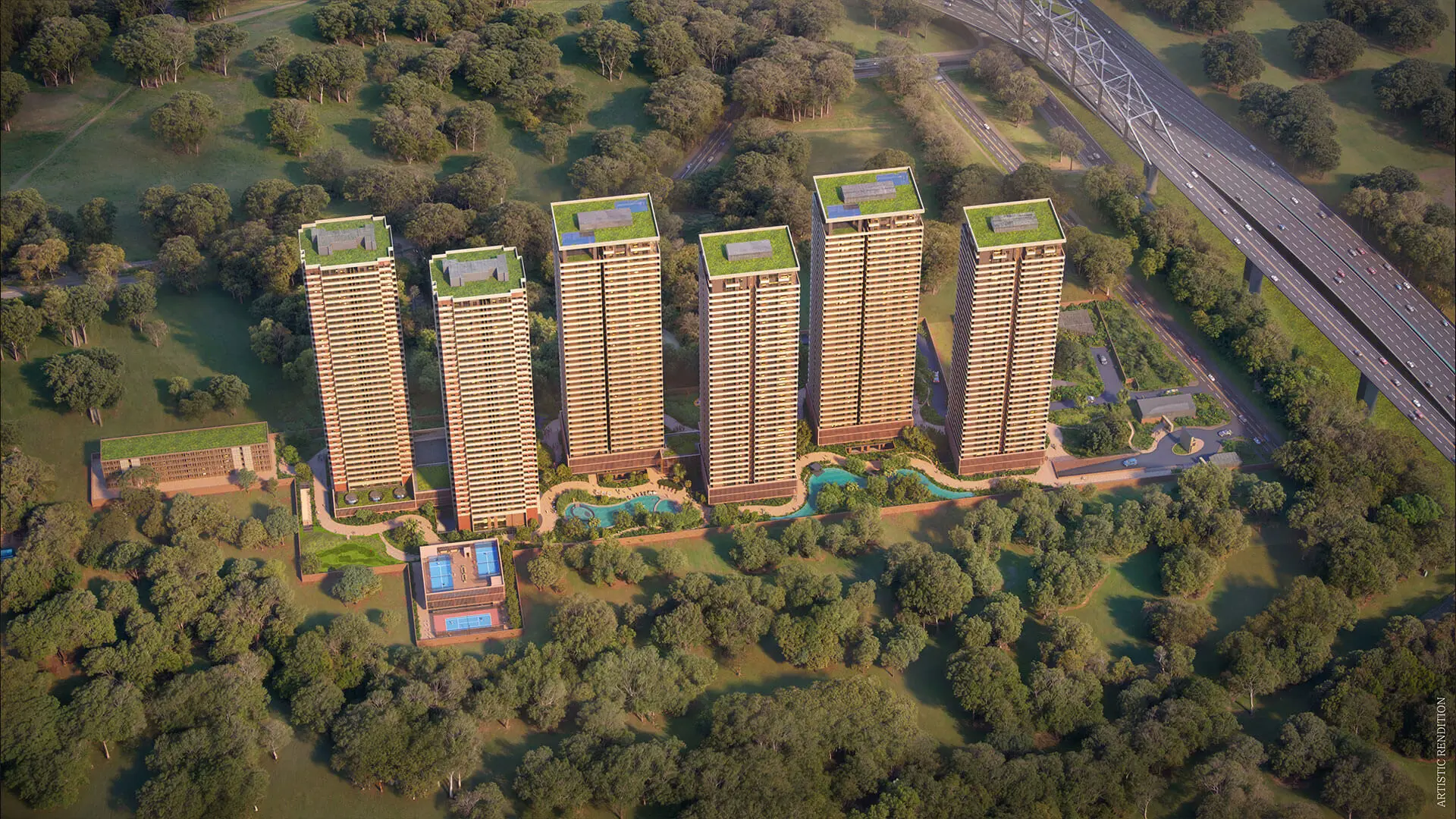 Aerial view of five tall residential buildings surrounded by greenery and a swimming pool.