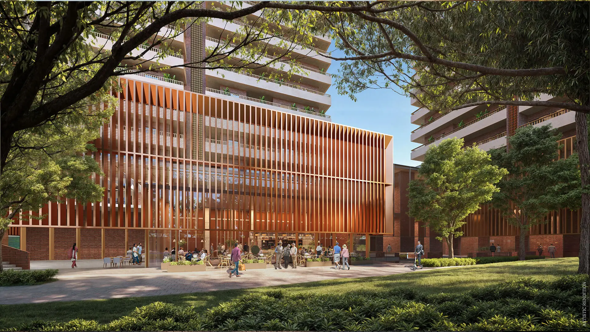 A contemporary building with wooden slats, surrounded by greenery and people enjoying the space.