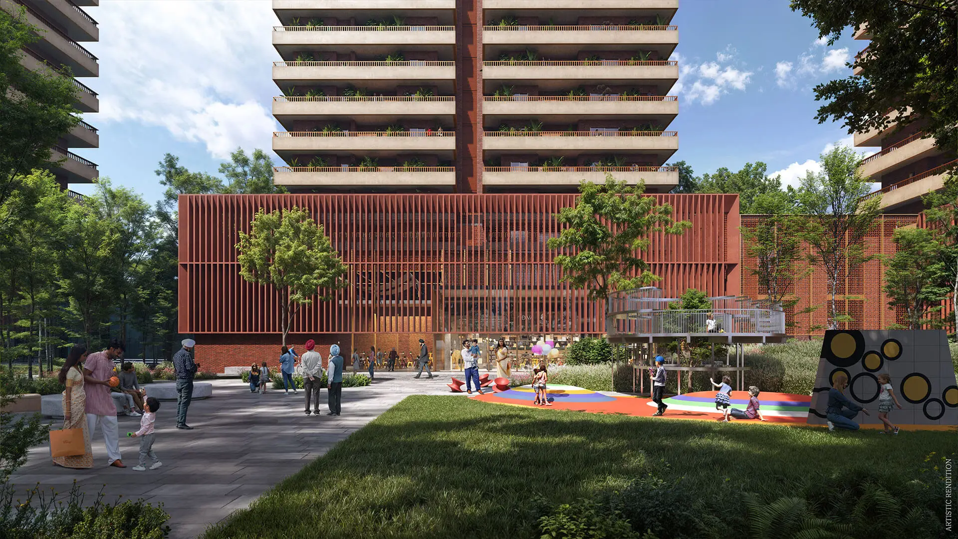 A vibrant playground with children playing, surrounded by modern buildings and greenery.