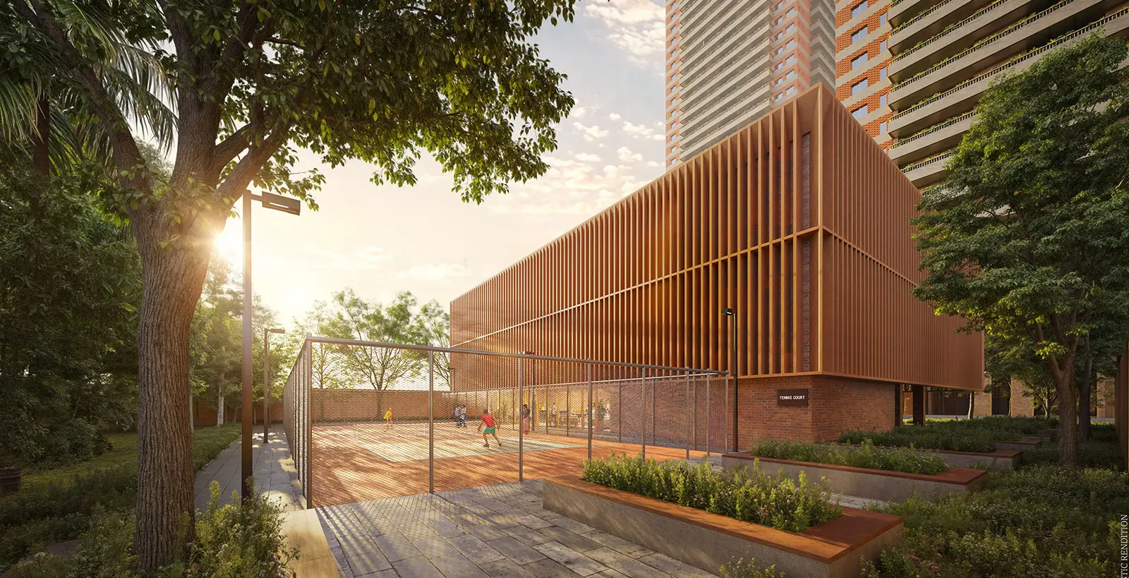 A modern sports court surrounded by greenery and residential buildings, with players engaged in a game.