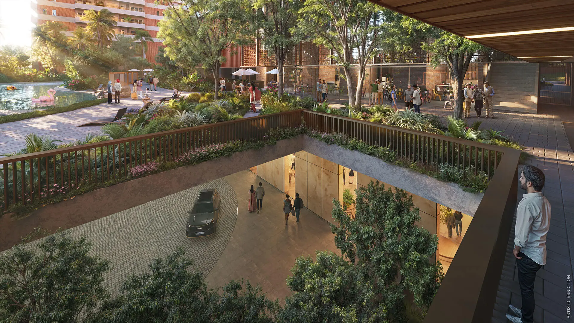 View of a landscaped area with a pool, people, and a car in a modern architectural setting.