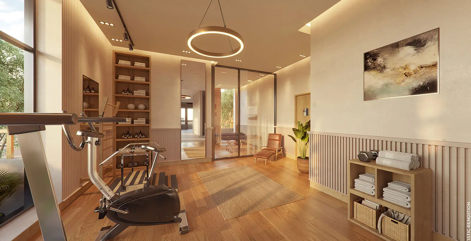 Modern gym space featuring exercise equipment, wooden flooring, and decorative plants.