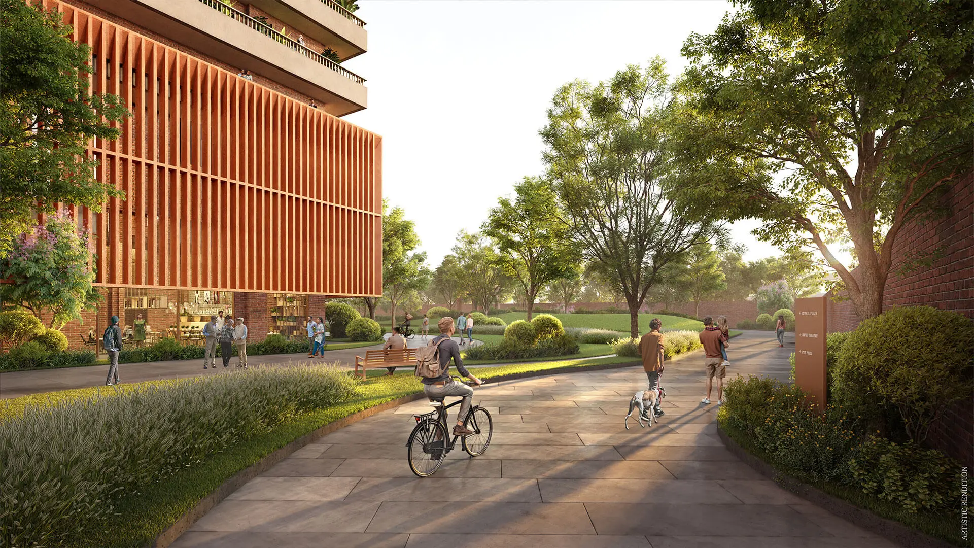 A landscaped pathway with people walking and cycling, surrounded by greenery and modern architecture.