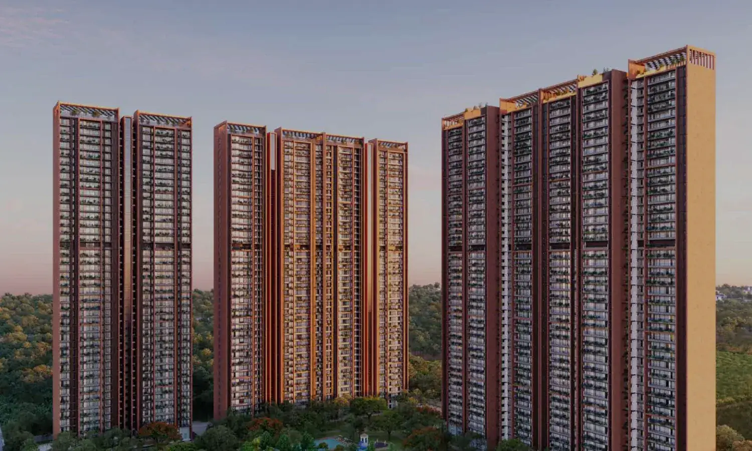 Five tall residential buildings with balconies, surrounded by greenery and a clear sky.