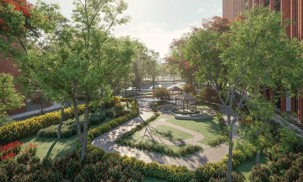 Lush garden with trees, colorful flowers, pathways, and a gazebo in a serene setting.