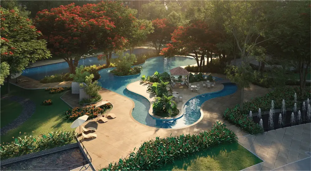 A curved pool surrounded by greenery, lounge chairs, and a gazebo under flowering trees.