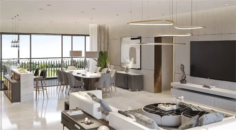 Spacious dining area with elegant table, stylish chairs, and large windows overlooking greenery.