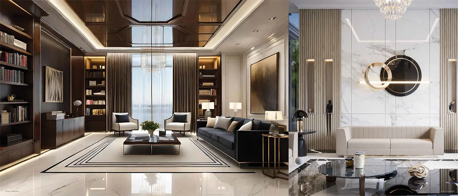 Luxurious living room with dark wood shelves, elegant furniture, and marble accents.