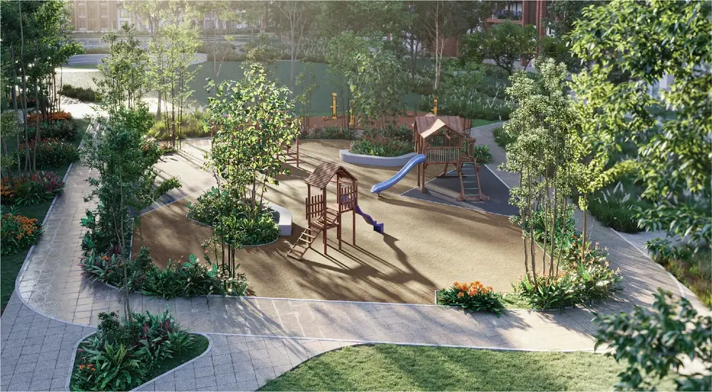 A playground featuring wooden structures, a slide, surrounded by trees and colorful plants.