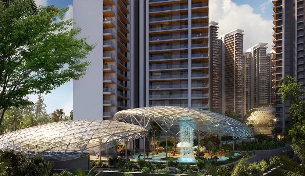 Contemporary buildings with glass domes and lush greenery in a residential area.
