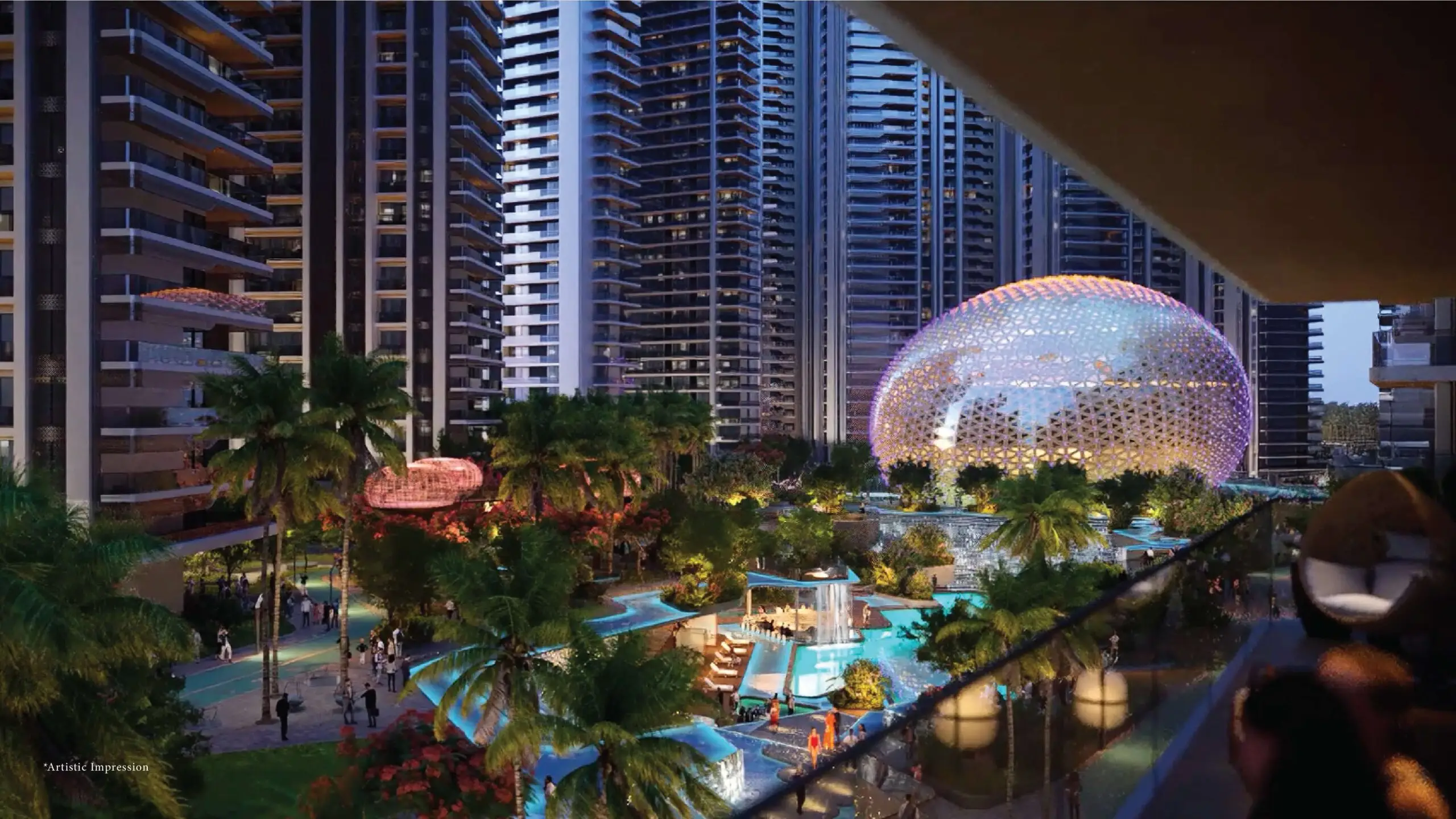 Modern residential buildings with a large dome structure surrounded by lush greenery and pools.