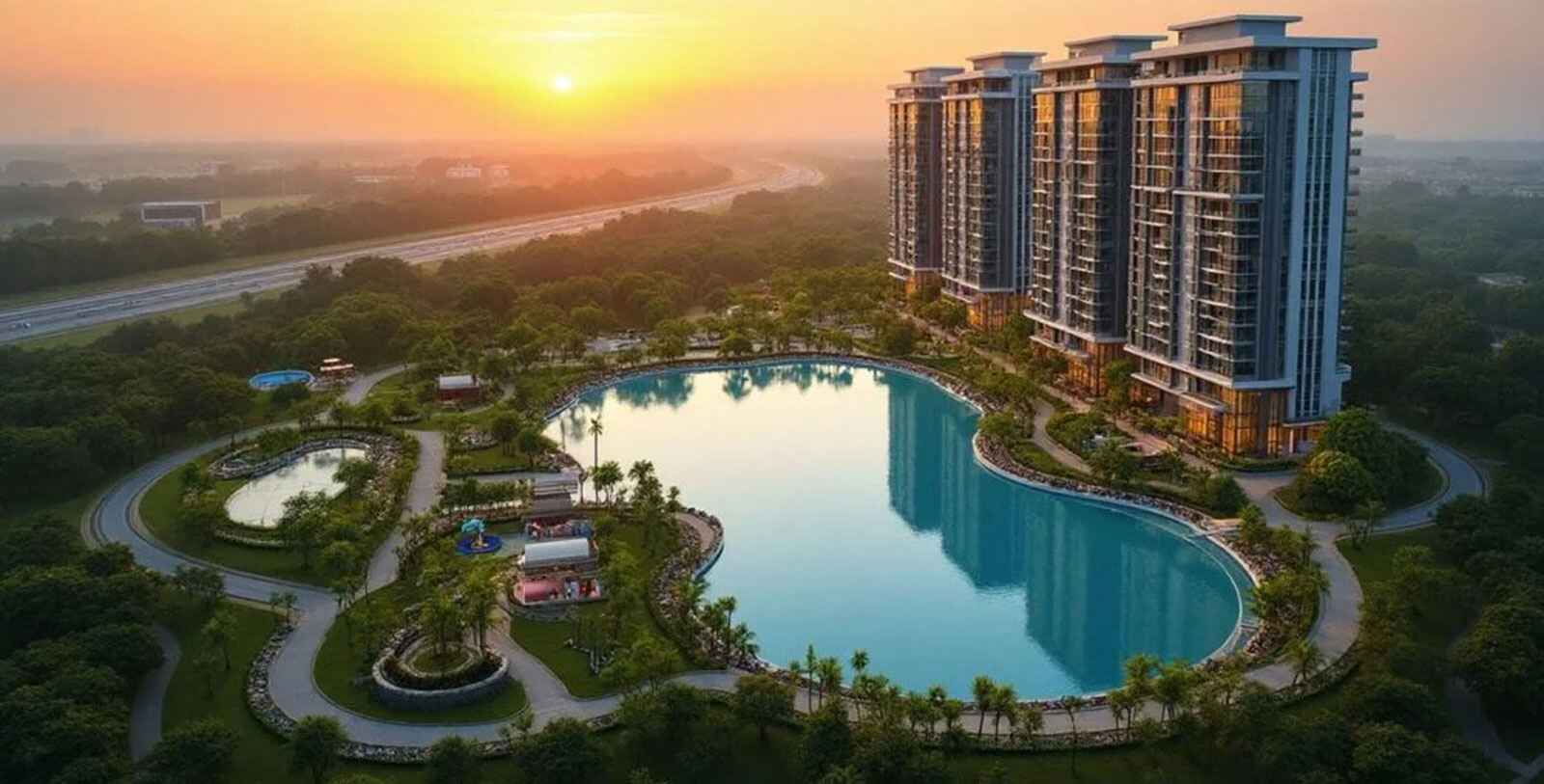 Aerial view of modern buildings beside a large lake surrounded by greenery at sunset.