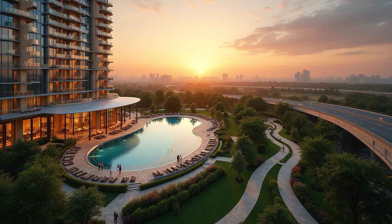 A modern building beside a curved pool, surrounded by greenery and a sunset backdrop.