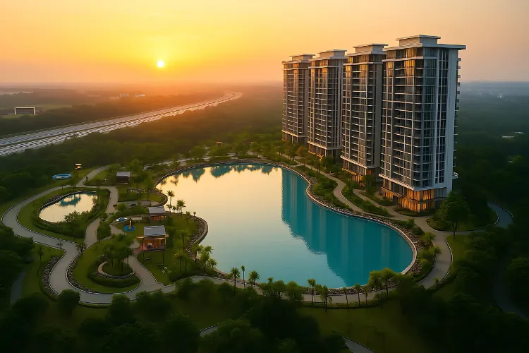 Sunset over a large lake with modern apartments and lush greenery surrounding it.
