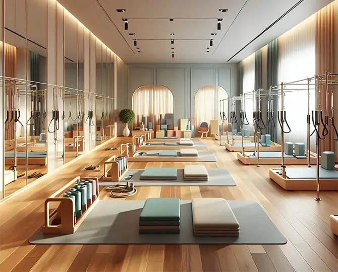 Bright Pilates studio with wooden flooring, mats, reformers, and large mirrors reflecting the space.