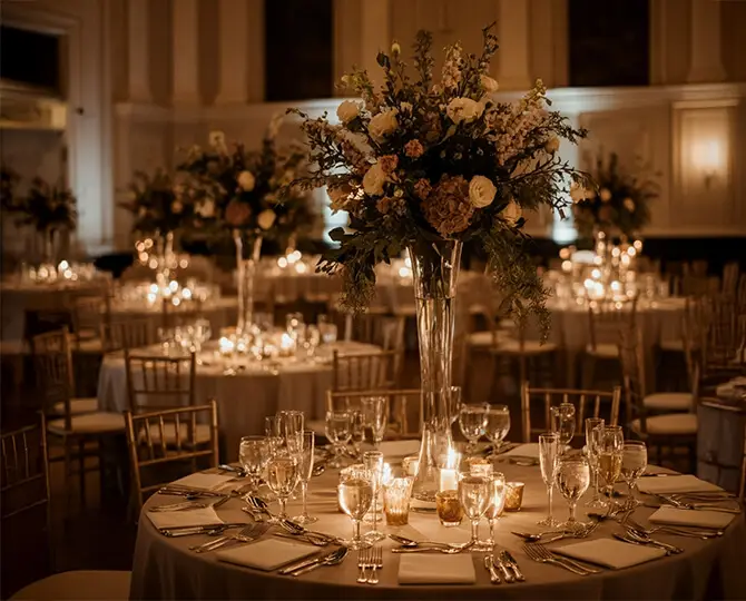 Elegant banquet hall with tall floral centerpieces, candlelit tables, and gold chiavari chairs.