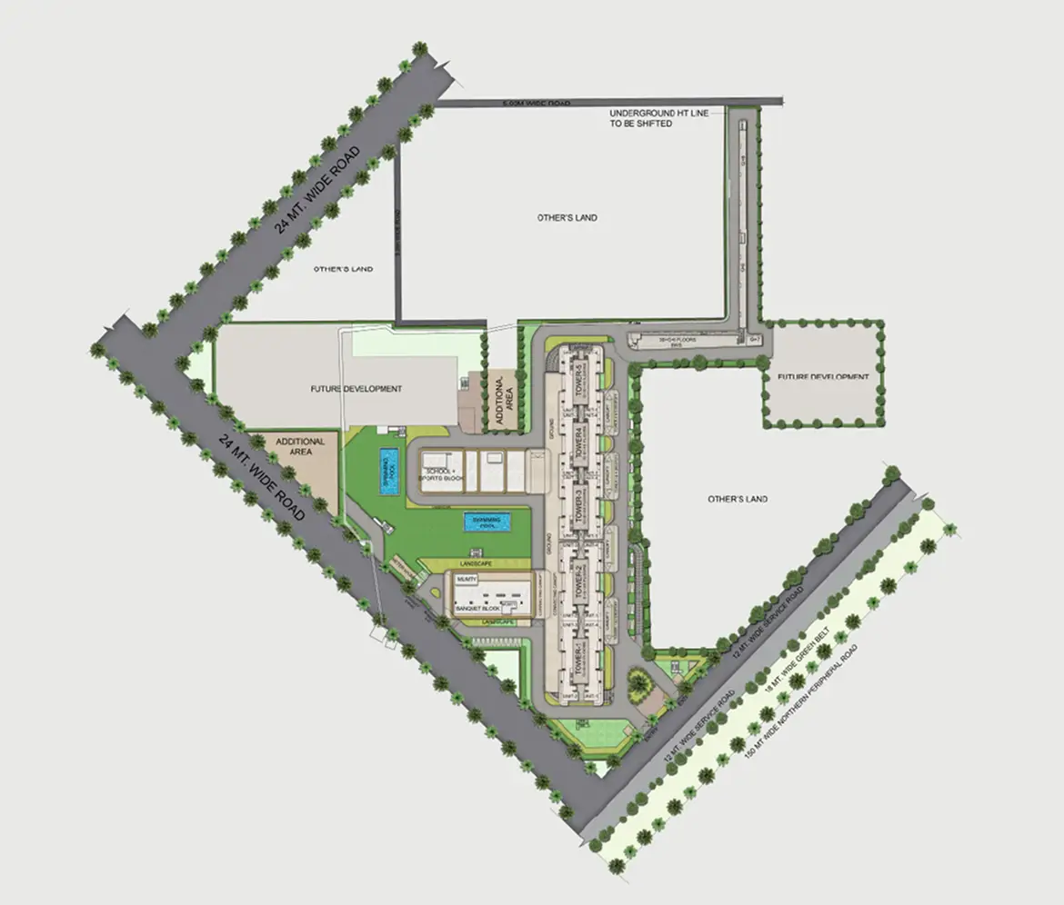 Detailed layout of a residential development with roads, buildings, and green spaces.
