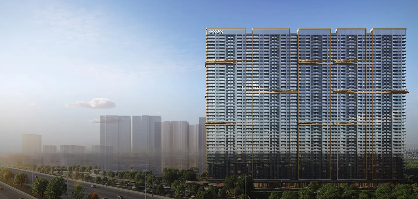 Tall residential building with glass facade and balconies, surrounded by trees and distant skyscrapers.