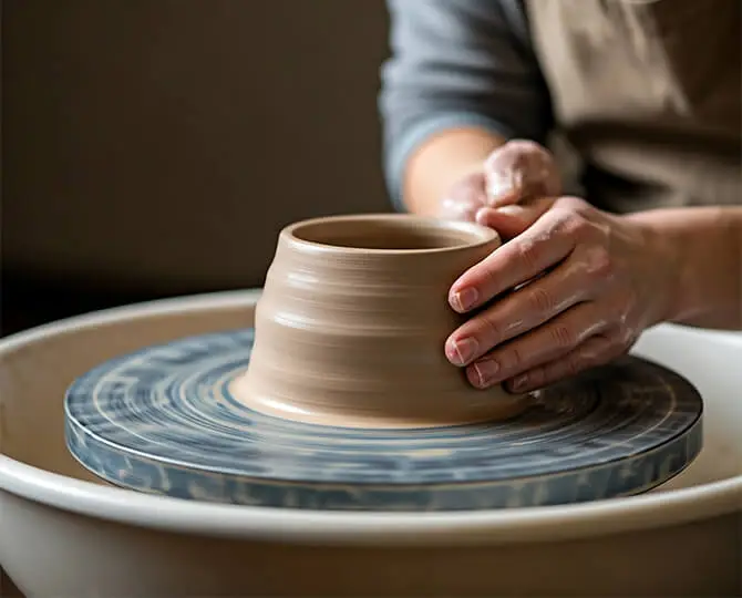 Hands shaping a clay bowl on a pottery wheel with a blue patterned base.
