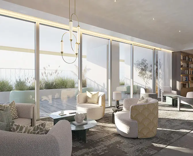 Modern lounge with large windows, comfortable seating, and decorative plants indoors.