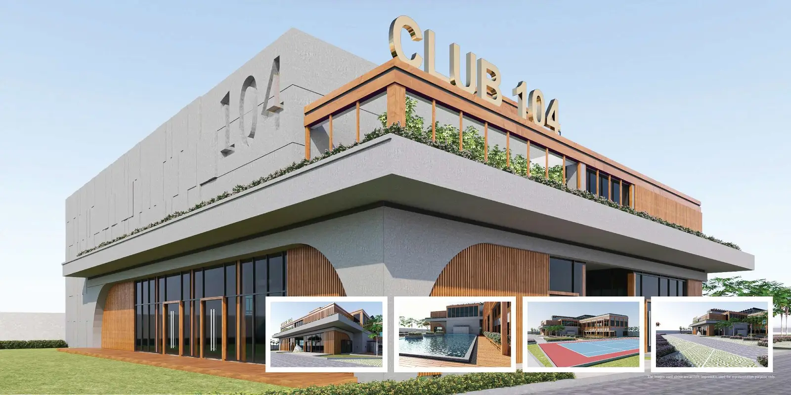 Modern clubhouse building with large windows, wooden accents, and landscaped surroundings.