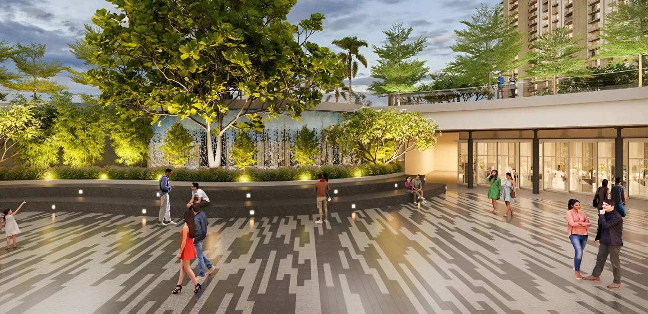 People walking on patterned pavement surrounded by greenery and modern architecture.