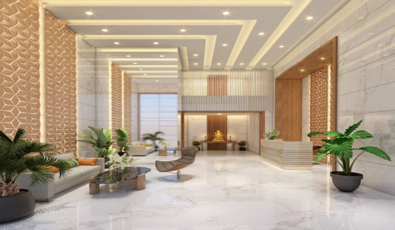 Modern lobby featuring marble floors, decorative walls, plants, and elegant lighting.