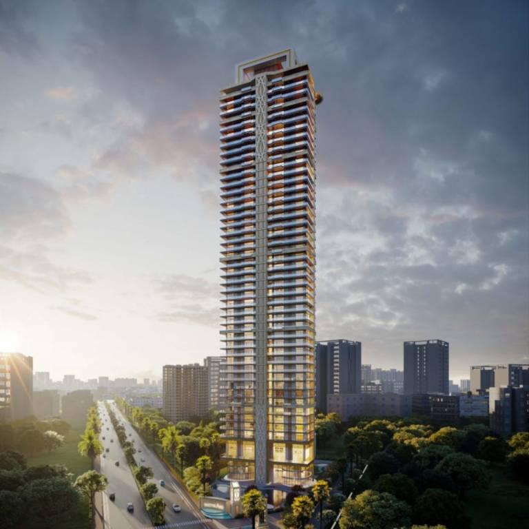 Tall modern building with glass facade, surrounded by trees and city skyline at dusk.