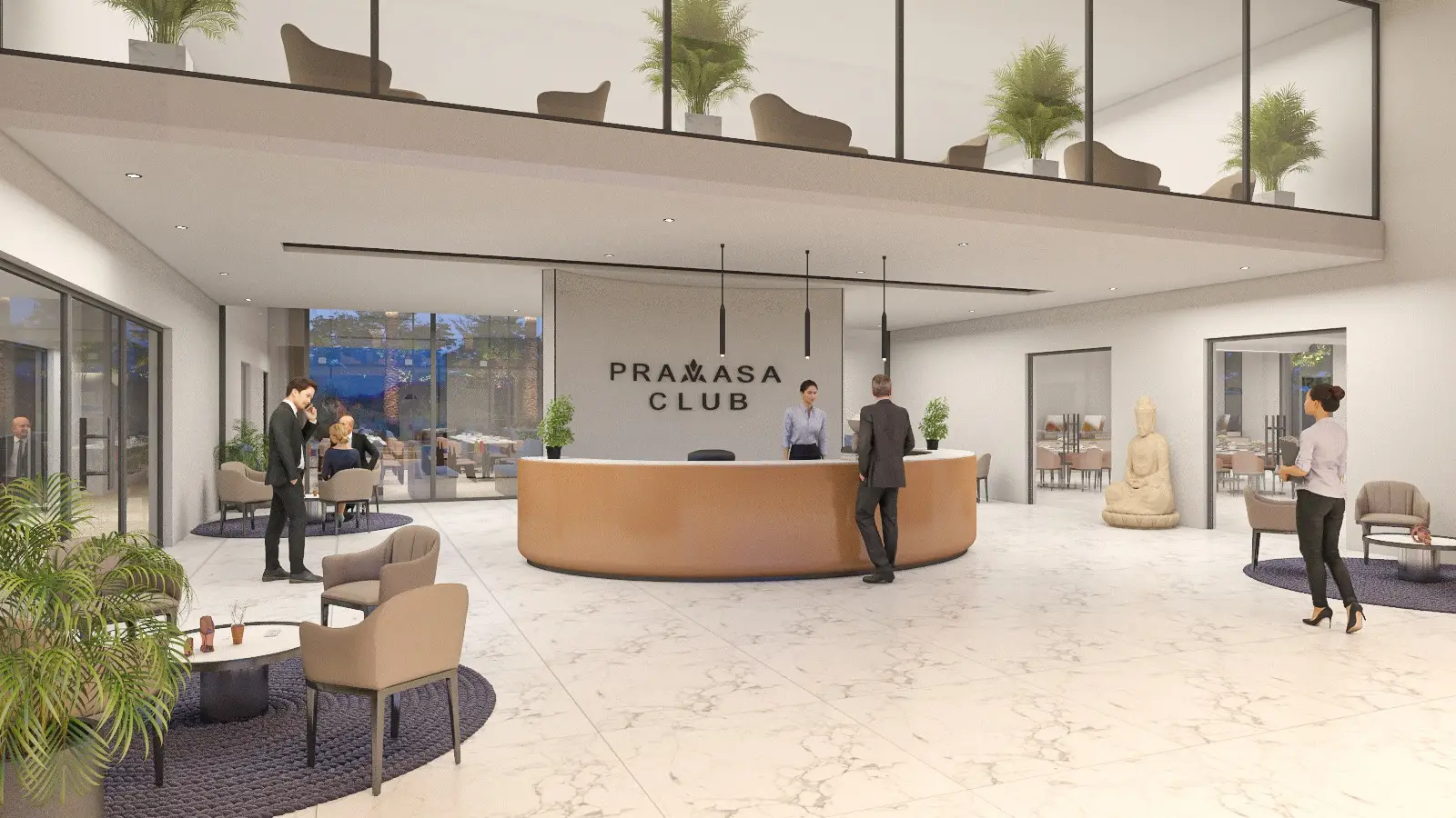 Modern reception area with a curved desk, seating, plants, and a statue.