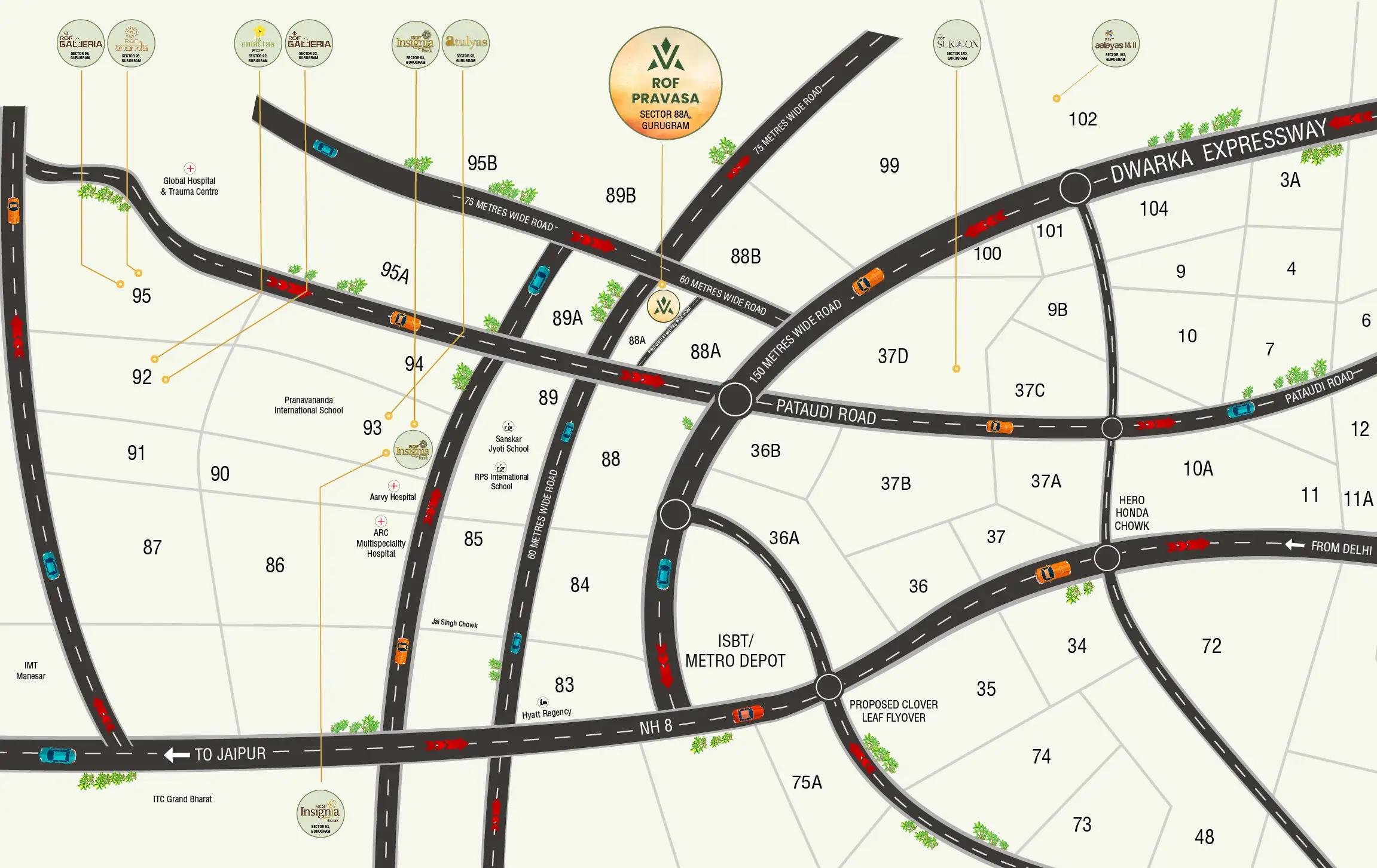 Detailed road map showing Dwarka Expressway, Pataudi Road, and nearby landmarks with route numbers.