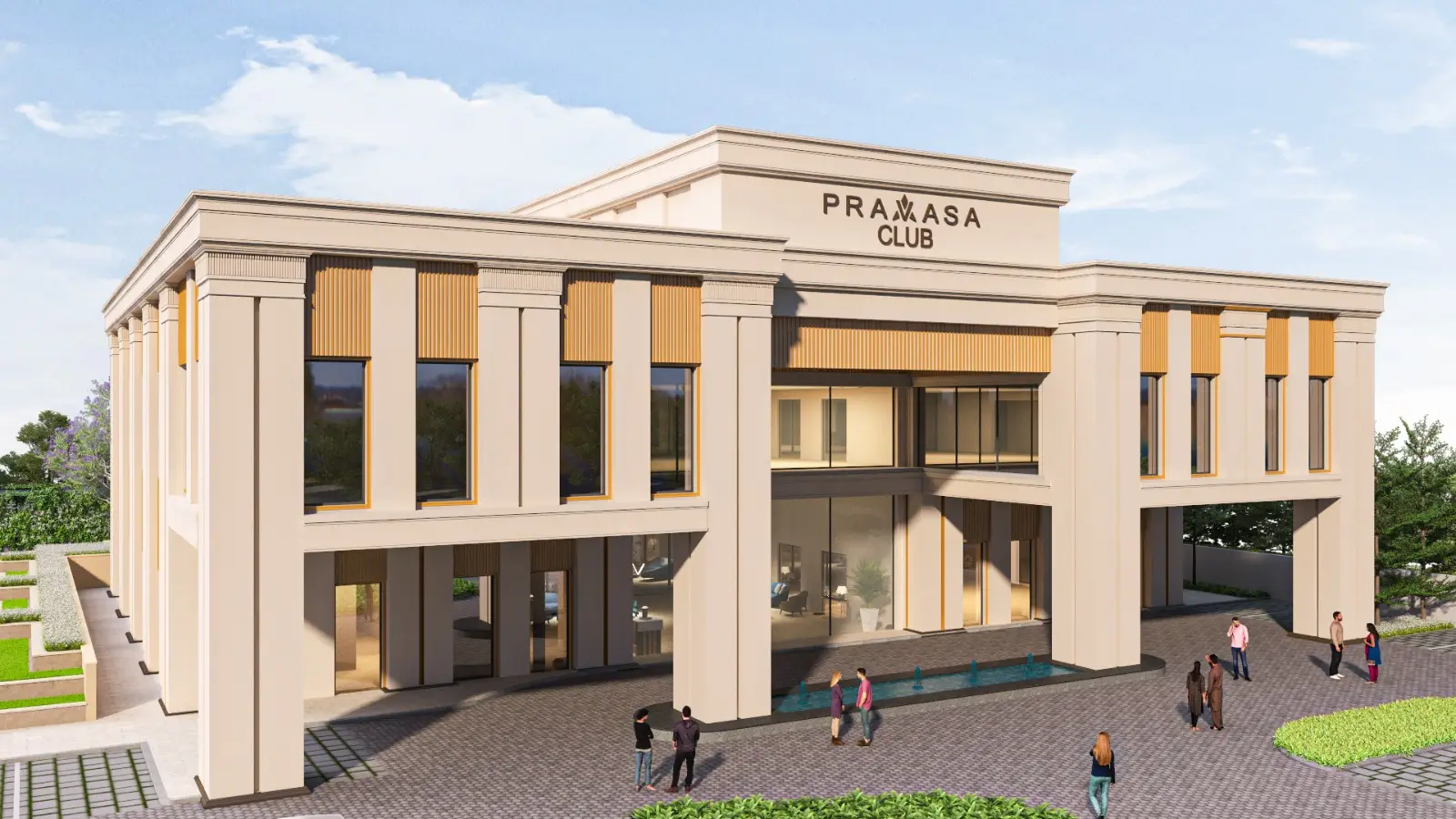 Modern building with large windows, entrance area, and landscaped surroundings, featuring people walking.