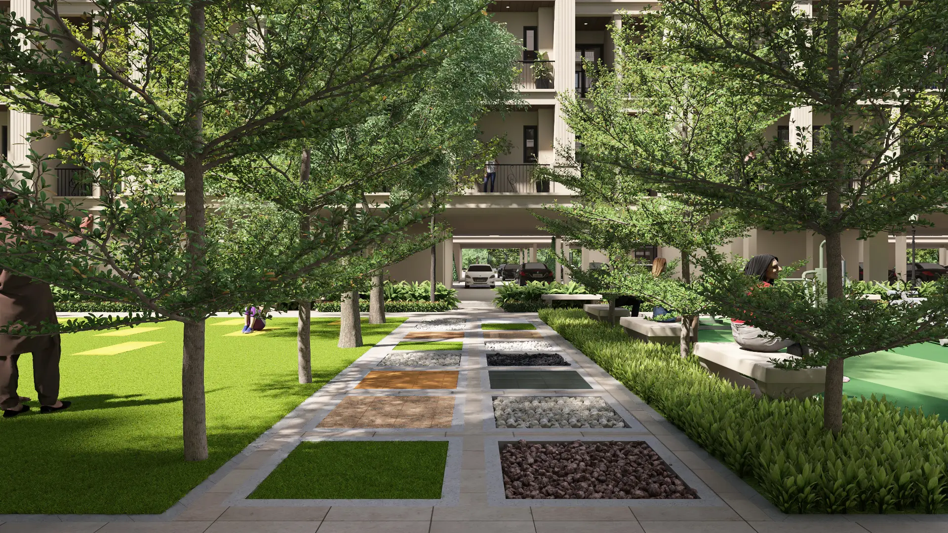 A landscaped path with trees, grass, and decorative stone sections in a residential area.
