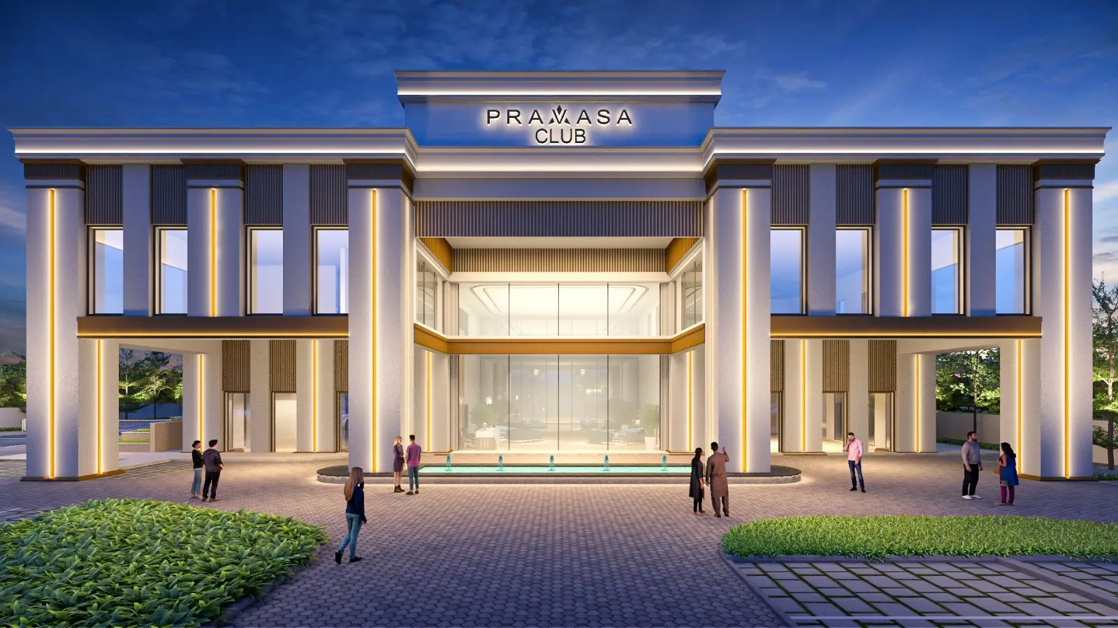 Modern building facade with large glass entrance, people gathered outside, landscaped greenery in foreground.